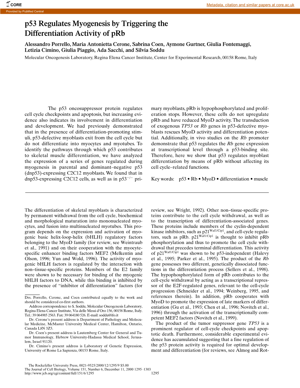 P53 Regulates Myogenesis by Triggering the Differentiation