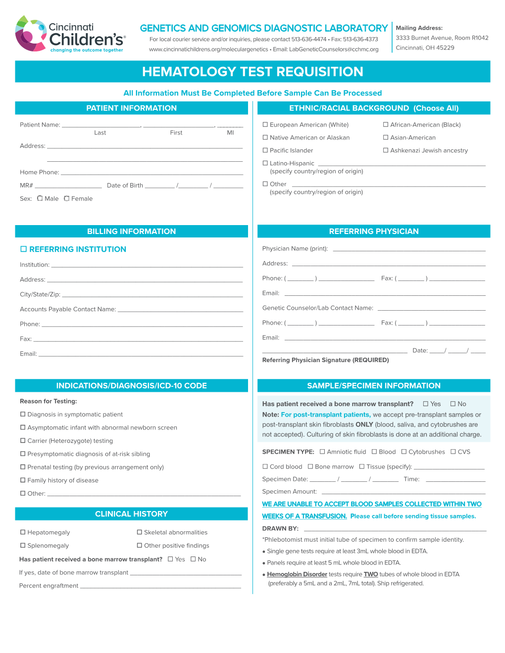 Hematology Test Requisition