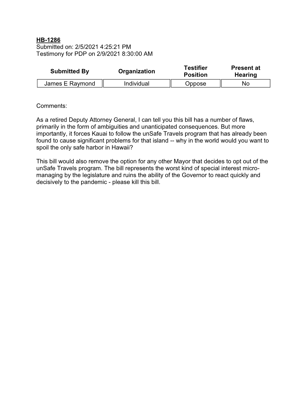 HB-1286 Submitted On: 2/5/2021 4:25:21 PM Testimony for PDP on 2/9/2021 8:30:00 AM Submitted by Organization Testifier Position