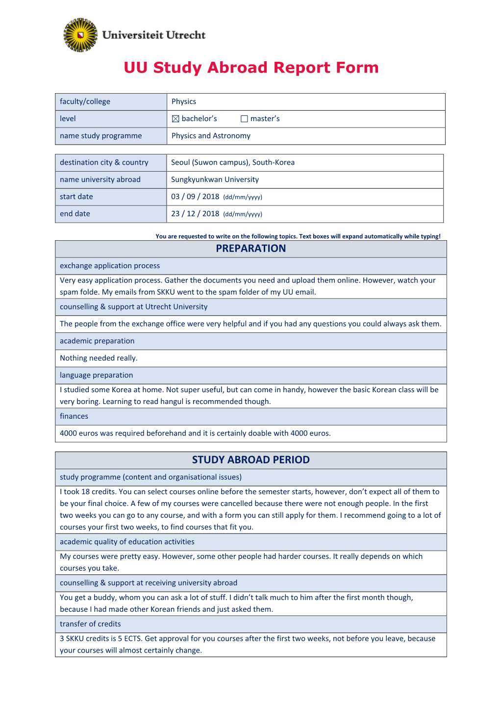 UU Study Abroad Report Form