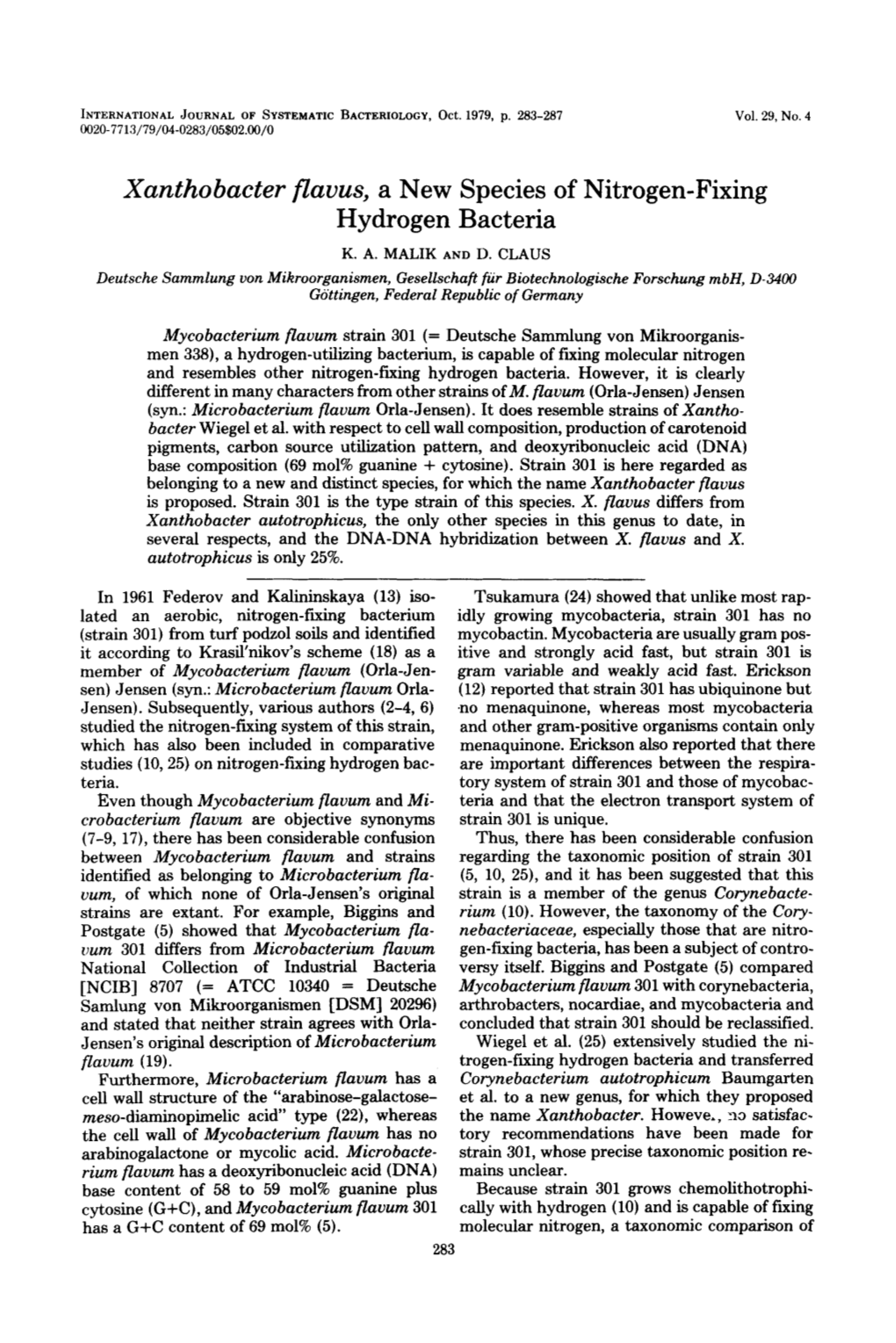 Xanthobacter Flavus, a New Species of Nitrogen-Fixing Hydrogen Bacteria