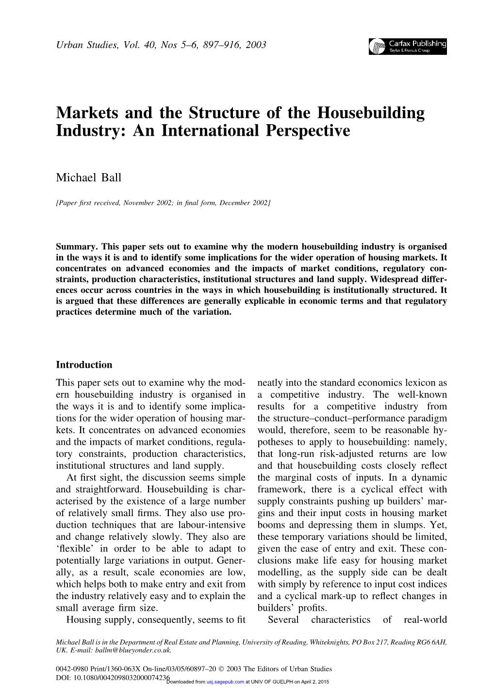 Markets and the Structure of the Housebuilding Industry: an International Perspective