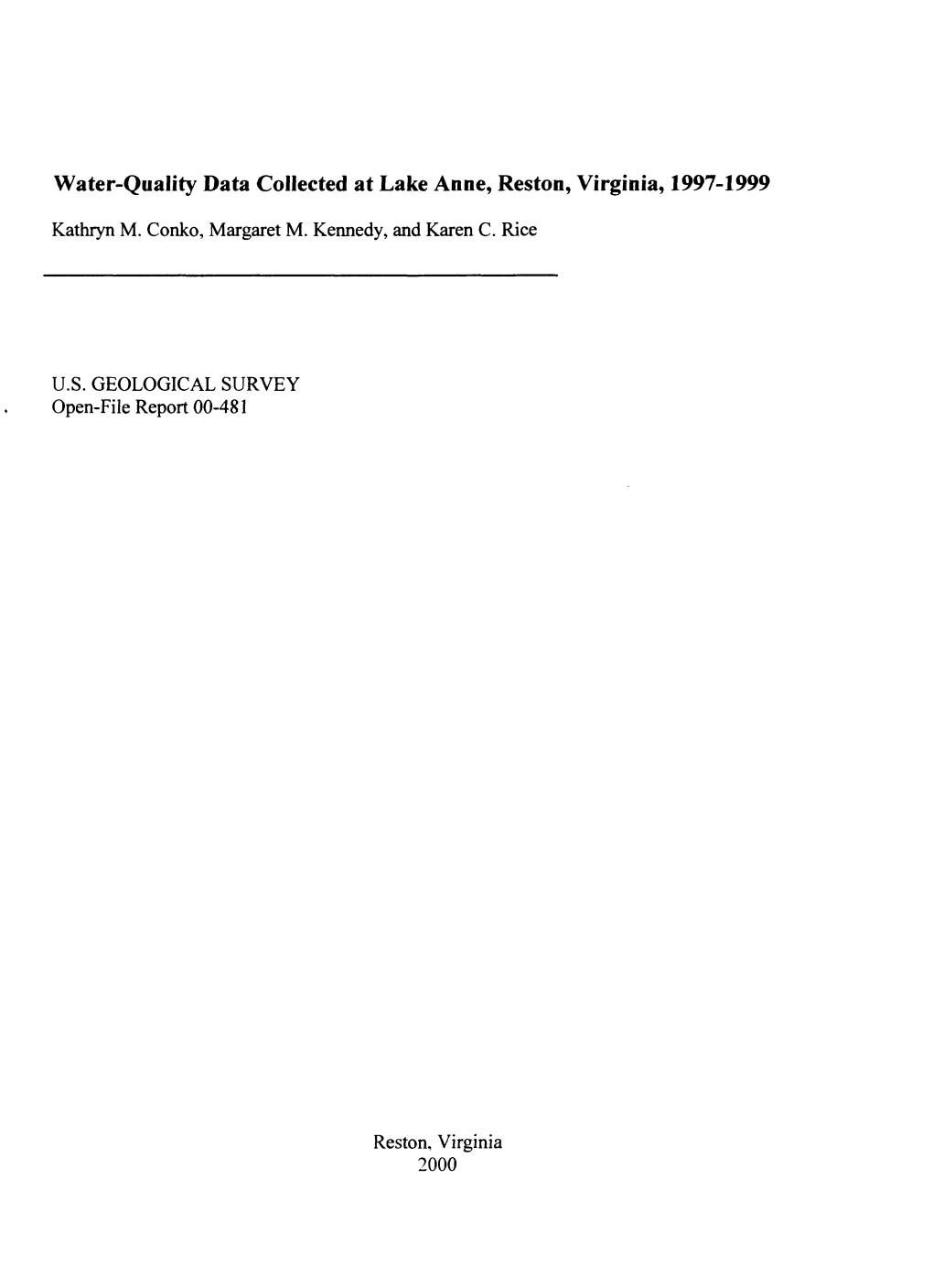 Water-Quality Data Collected at Lake Anne, Reston, Virginia, 1997-1999