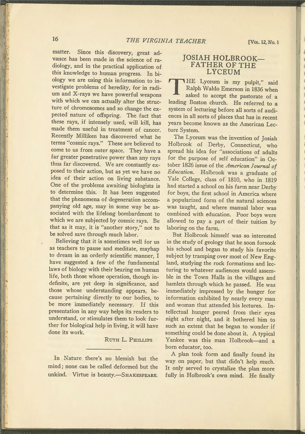 Josiah Holbrook:— Diology, and in the Practical Application of FATHER of the This Knowledge to Human Progress