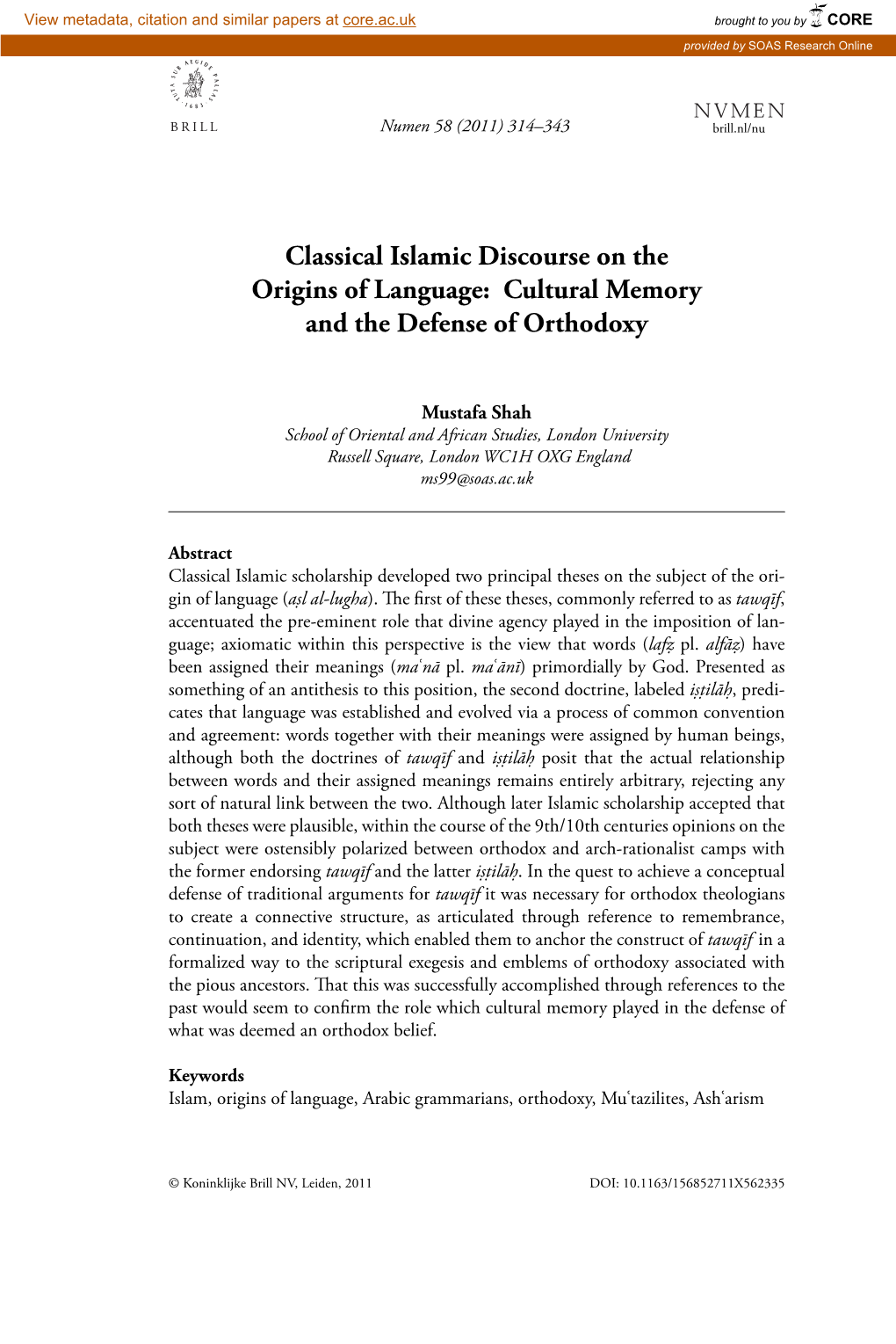 Classical Islamic Discourse on the Origins of Language: Cultural Memory and the Defense of Orthodoxy