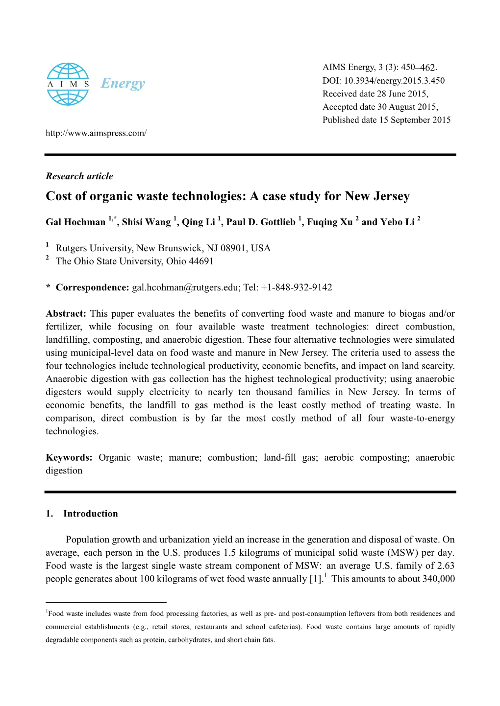 Cost of Organic Waste Technologies: a Case Study for New Jersey