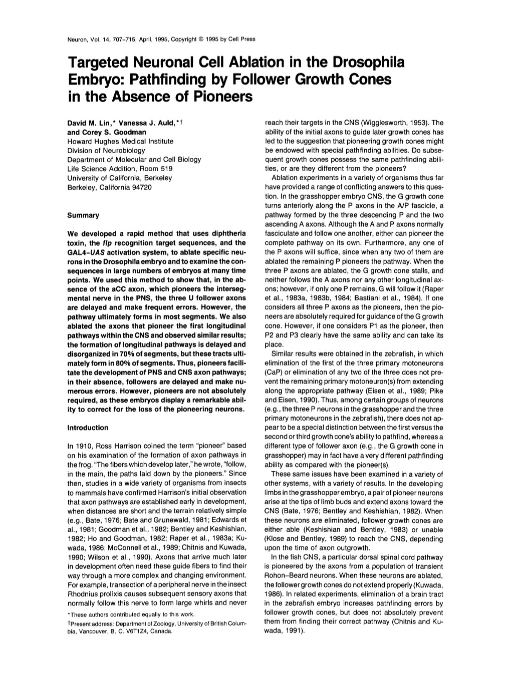 Targeted Neuronal Cell Ablation in the Drosophila Embryo: Pathfinding by Follower Growth Cones in the Absence of Pioneers