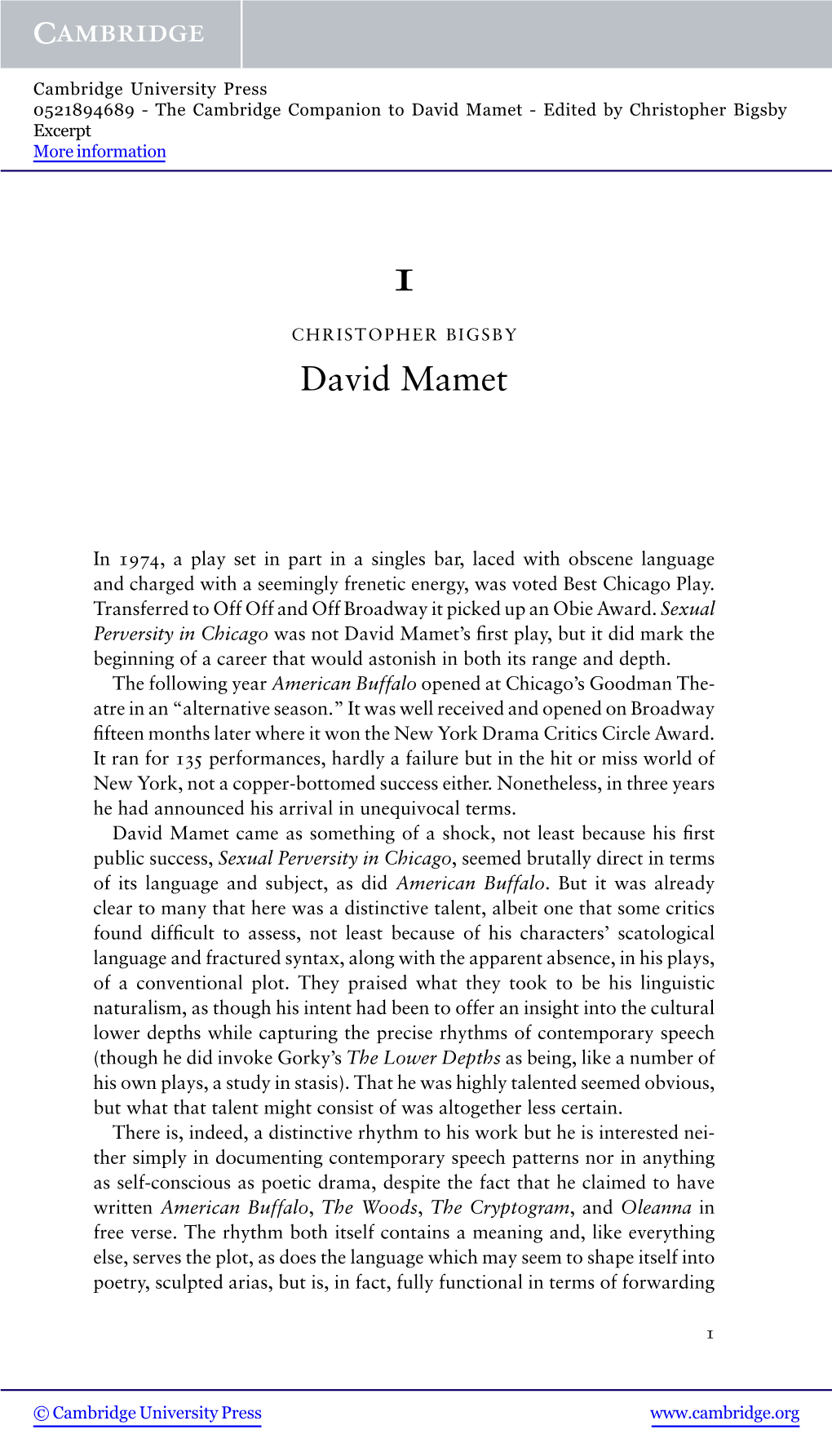 David Mamet - Edited by Christopher Bigsby Excerpt More Information