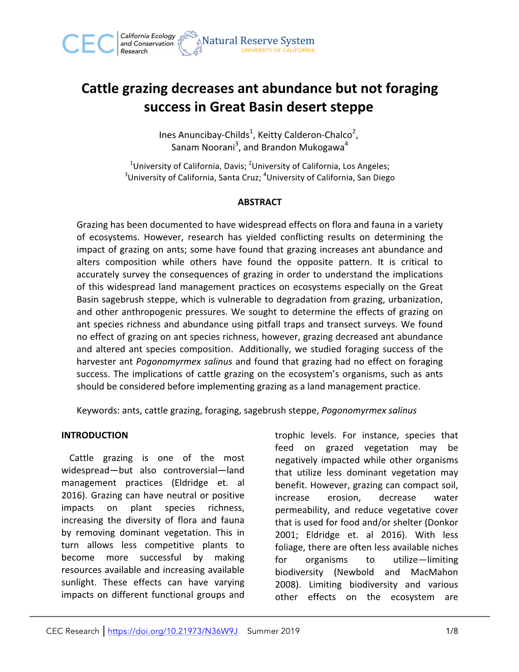 Cattle Grazing Decreases Ant Abundance but Not Foraging Success in Great Basin Desert Steppe