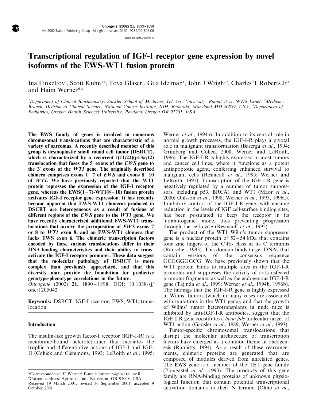 Transcriptional Regulation of IGF-I Receptor Gene Expression by Novel Isoforms of the EWS-WT1 Fusion Protein