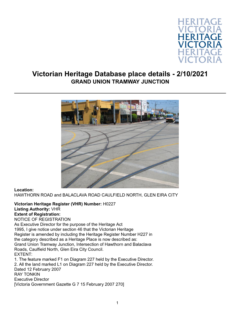 Victorian Heritage Database Place Details - 2/10/2021 GRAND UNION TRAMWAY JUNCTION