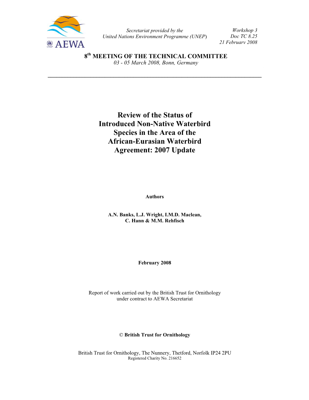 Review of the Status of Introduced Non-Native Waterbird Species in the Area of the African-Eurasian Waterbird Agreement: 2007 Update