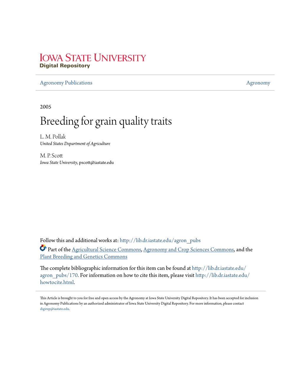 Breeding for Grain Quality Traits L