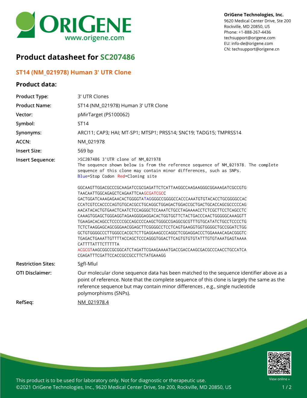 ST14 (NM 021978) Human 3' UTR Clone – SC207486 | Origene