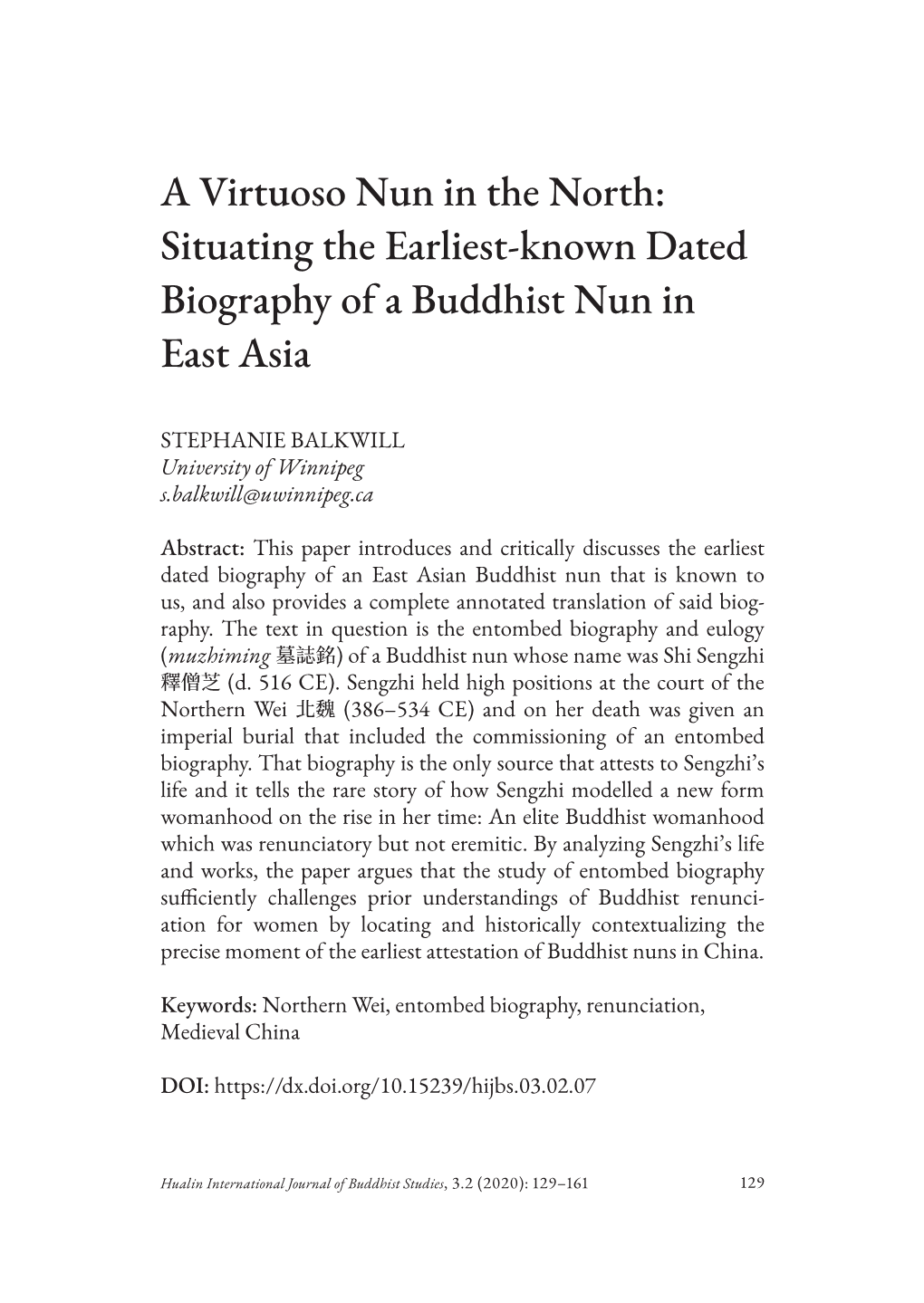 Situating the Earliest-Known Dated Biography of a Buddhist Nun in East Asia