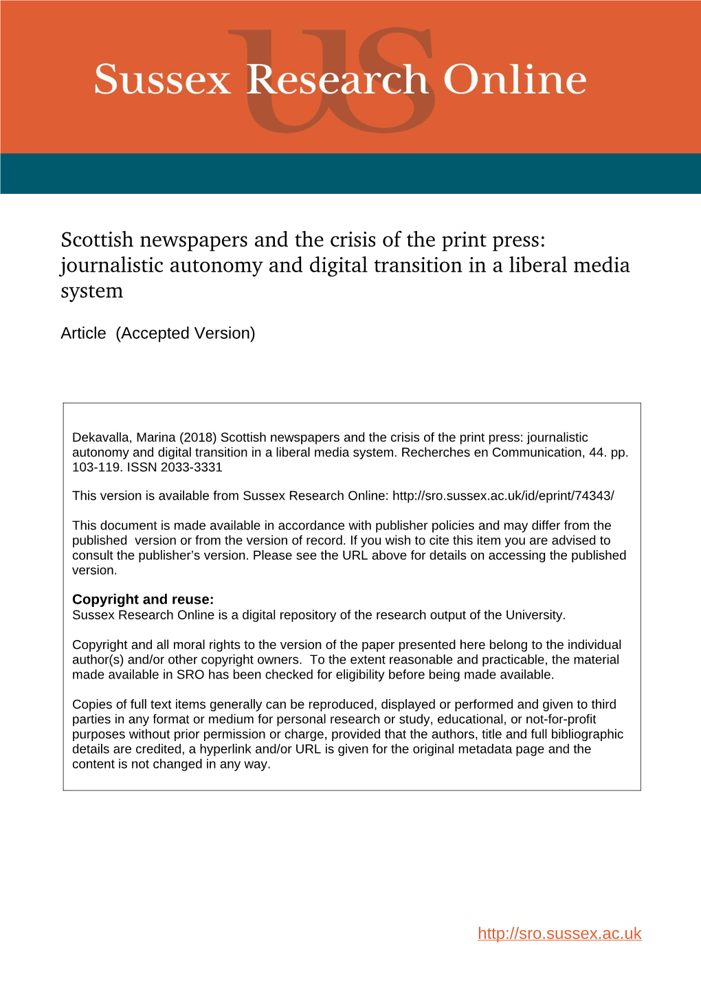 Scottish Newspapers and the Crisis of the Print Press: Journalistic Autonomy and Digital Transition in a Liberal Media System