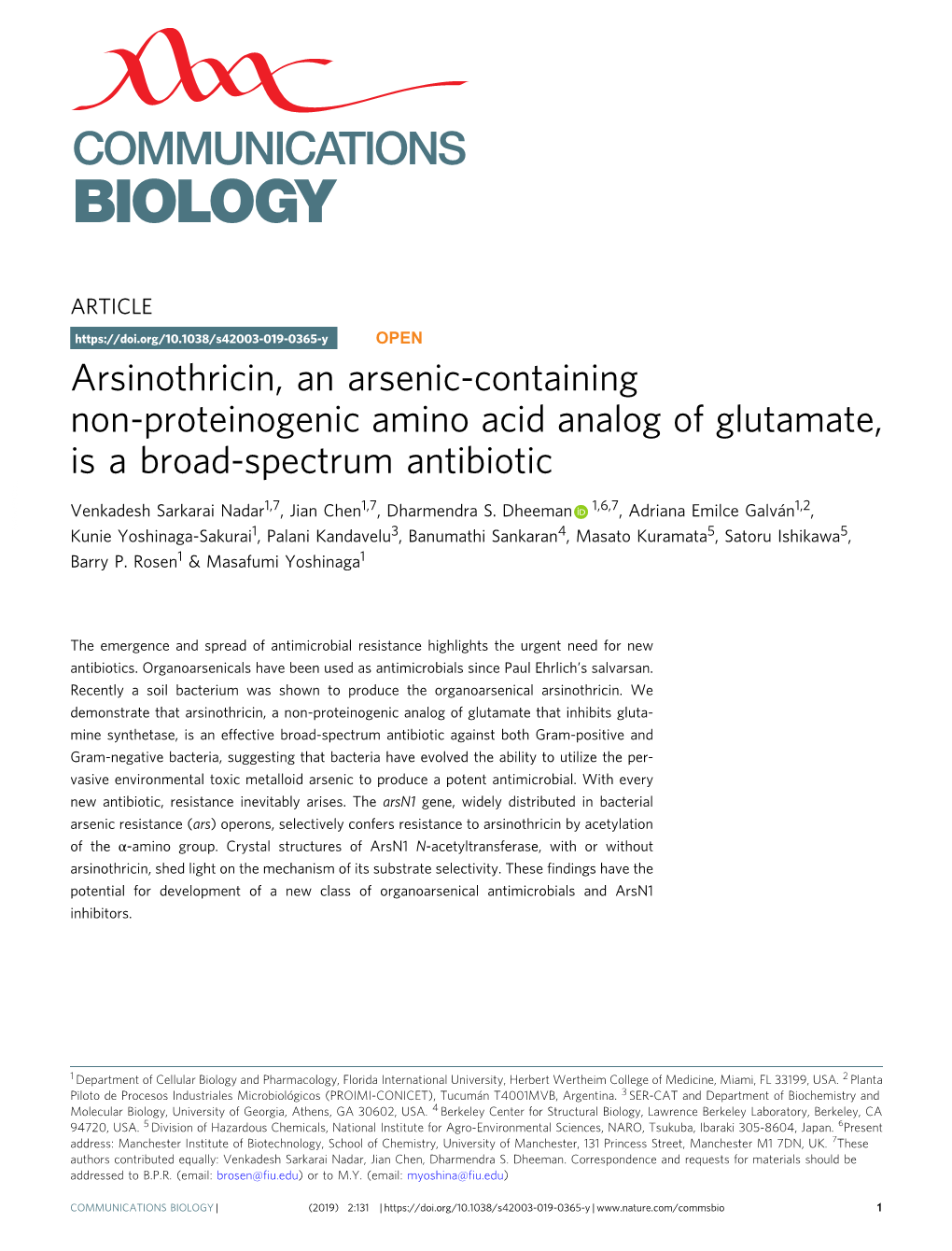 Arsinothricin, an Arsenic-Containing Non-Proteinogenic Amino Acid Analog of Glutamate, Is a Broad-Spectrum Antibiotic