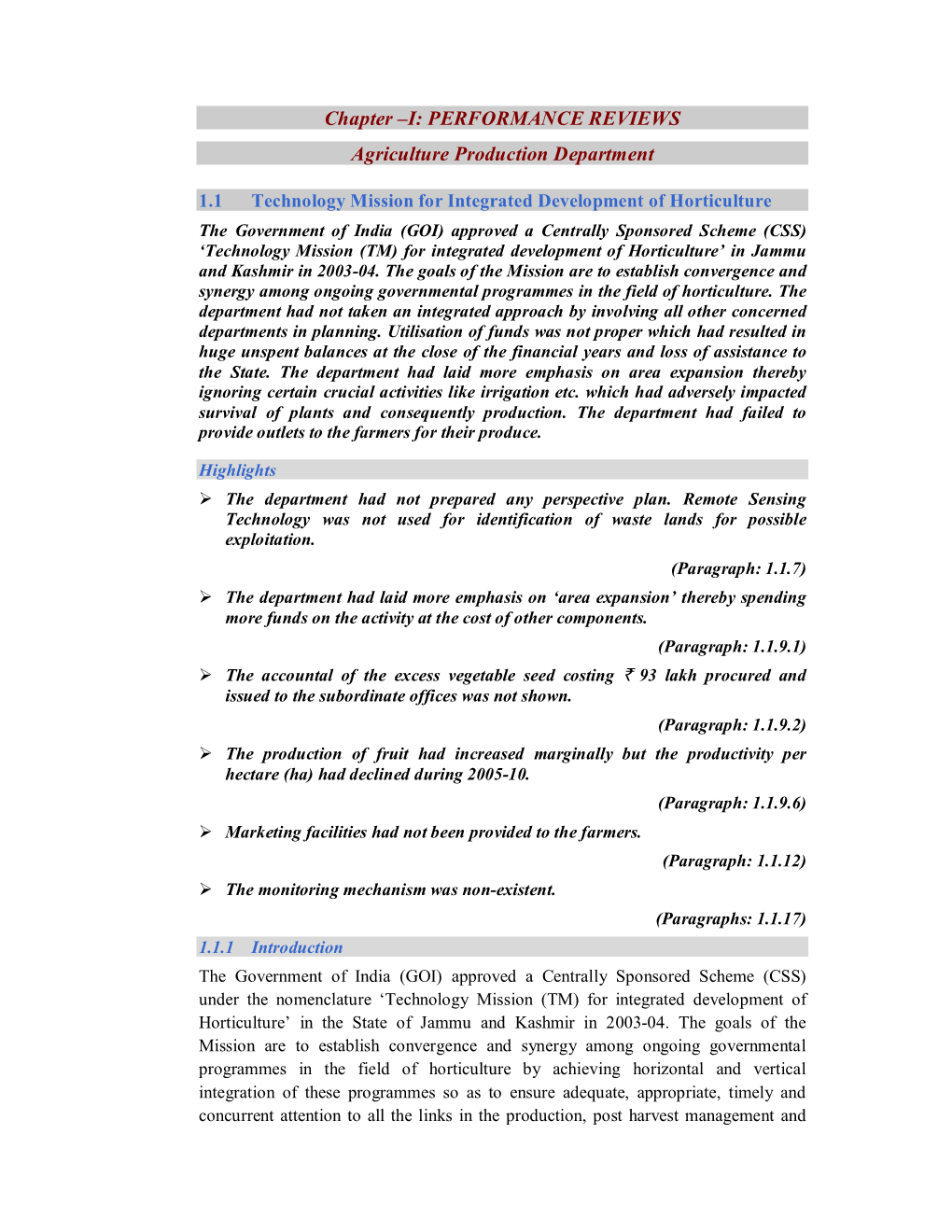 Chapter –I: PERFORMANCE REVIEWS Agriculture Production Department