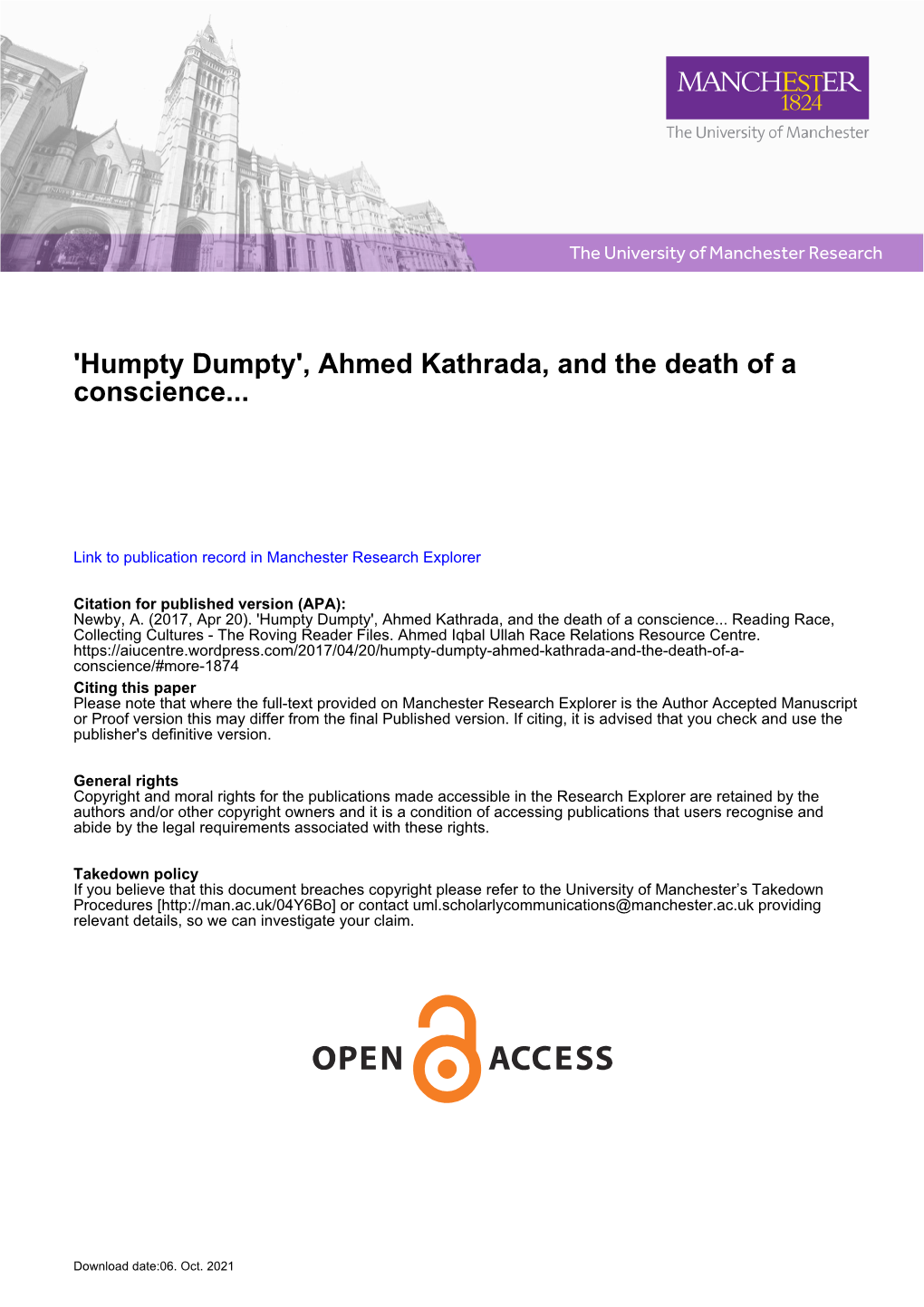 'Humpty Dumpty', Ahmed Kathrada, and the Death of a Conscience