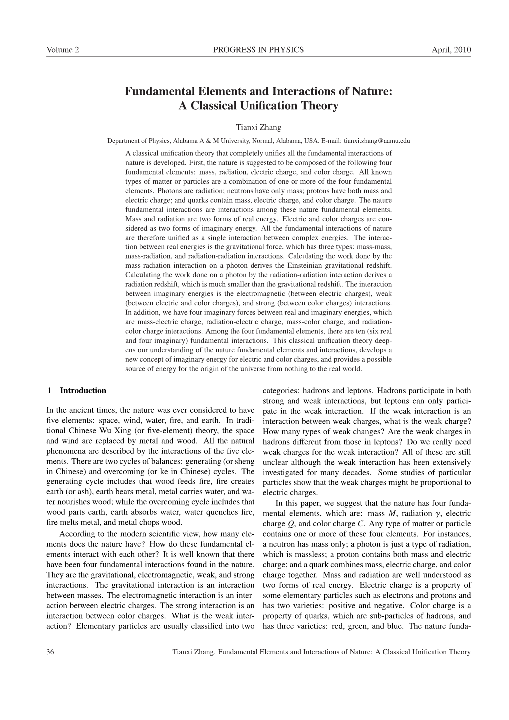 Fundamental Elements and Interactions of Nature: a Classical Uniﬁcation Theory