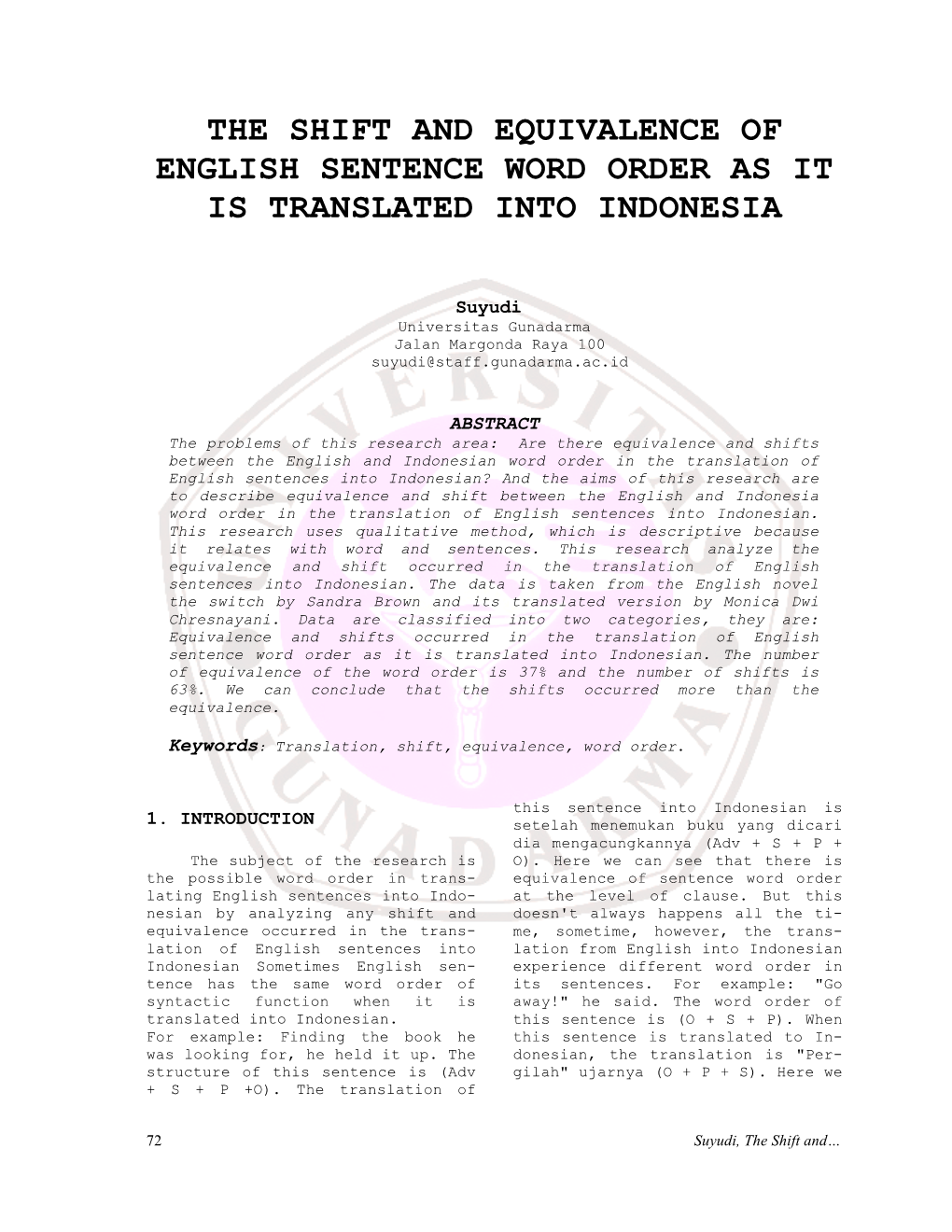 The Shift and Equivalence of English Sentence Word Order As It Is Translated Into Indonesia