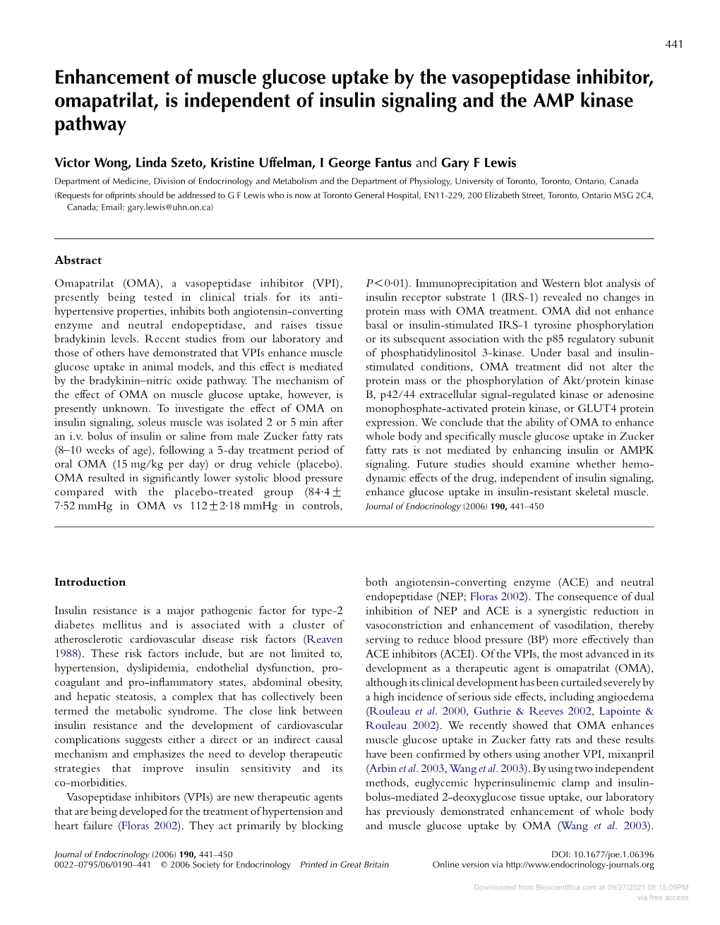 Enhancement of Muscle Glucose Uptake by the Vasopeptidase Inhibitor, Omapatrilat, Is Independent of Insulin Signaling and the AMP Kinase Pathway