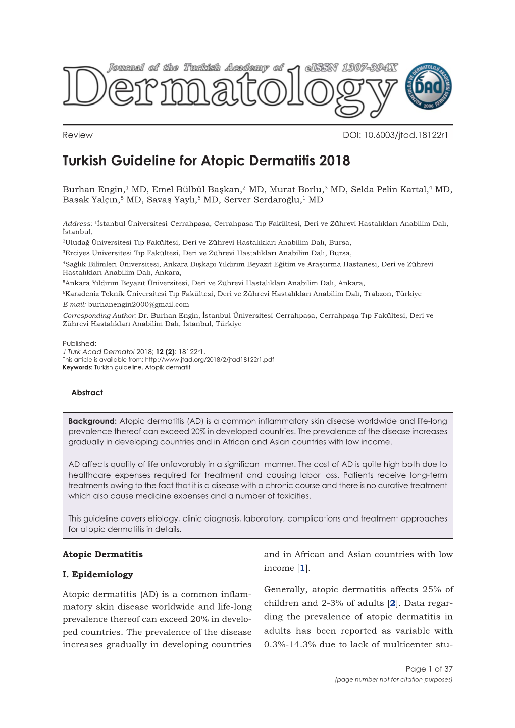 Turkish Guideline for Atopic Dermatitis 2018