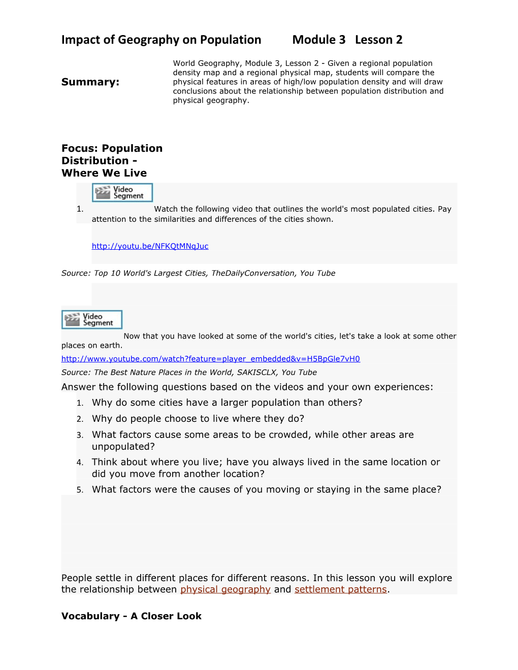 Impact of Geography on Population Module 3 Lesson 2