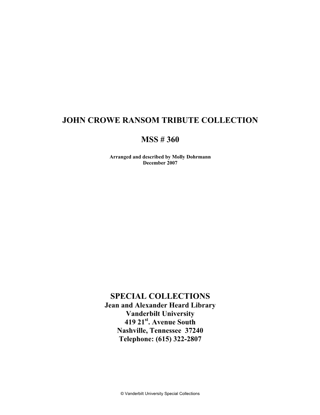 John Crowe Ransom Tribute Collection