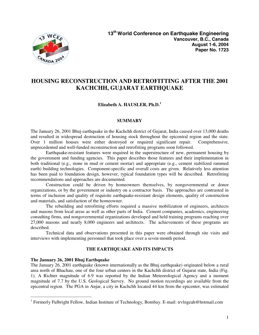 Housing Reconstruction and Retrofitting After the 2001 Kachchh, Gujarat Earthquake