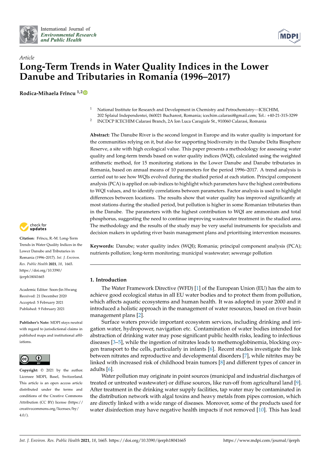 Long-Term Trends in Water Quality Indices in the Lower Danube and Tributaries in Romania (1996–2017)