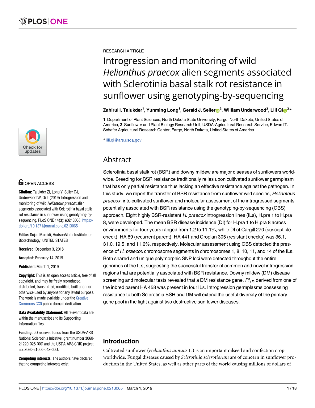 Introgression and Monitoring of Wild Helianthus Praecox Alien Segments