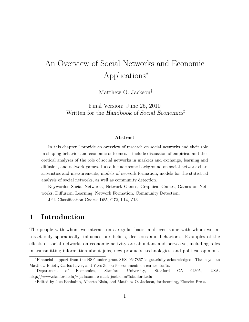 An Overview of Social Networks and Economic Applications∗