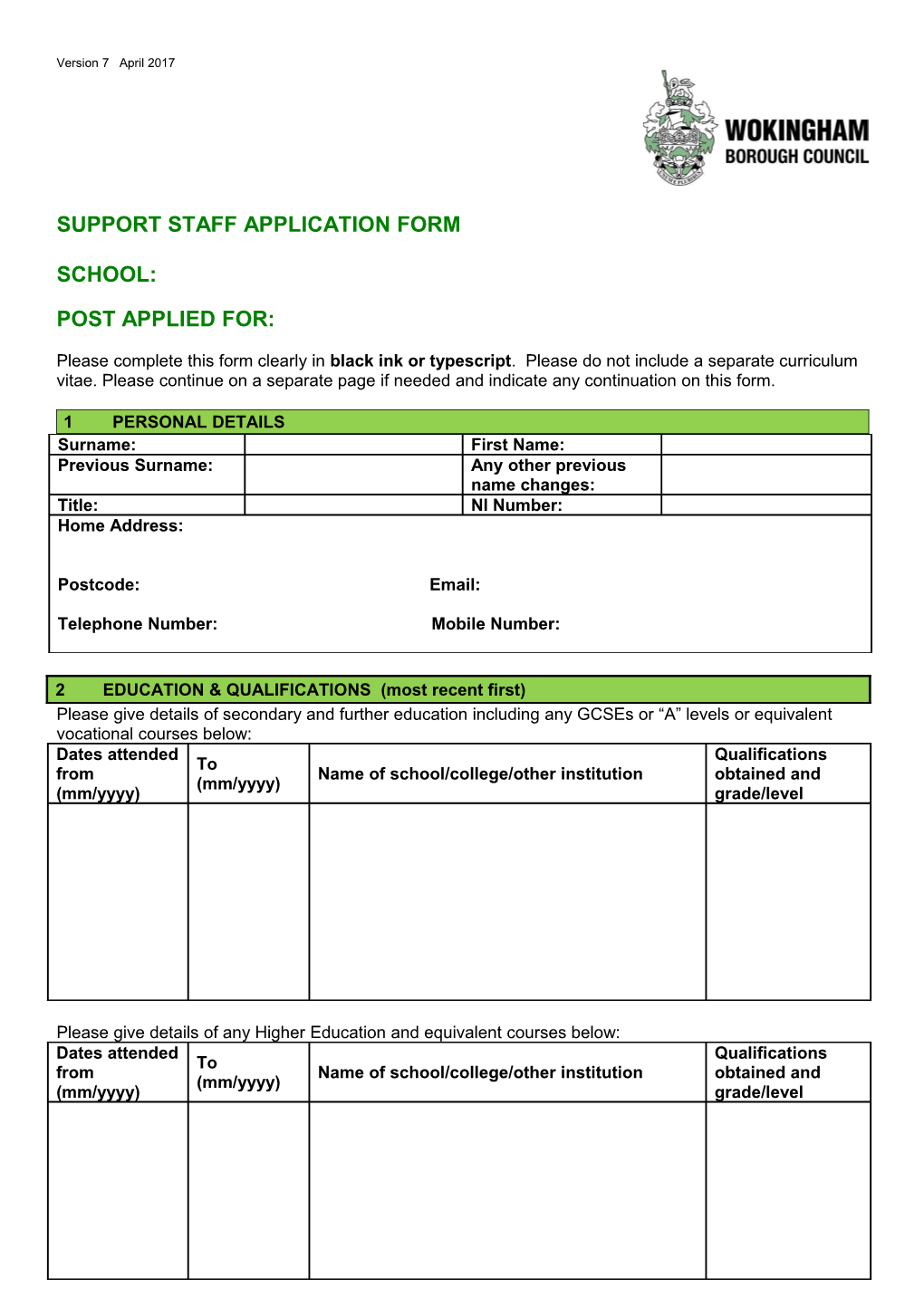 Support Staff Application Form