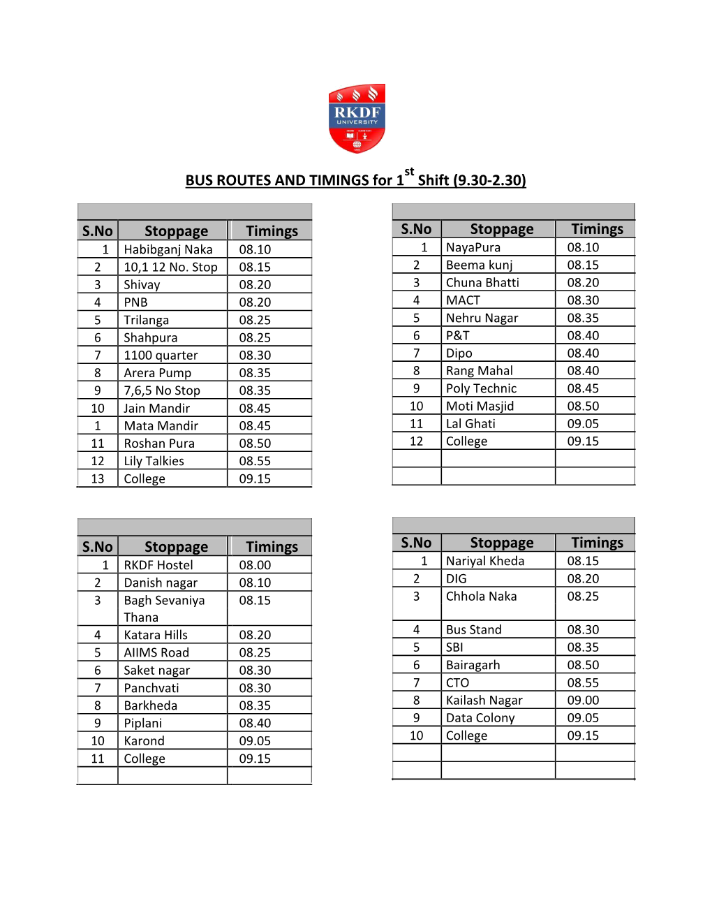 BUS ROUTES and TIMINGS for 1 Shift (9.30-2.30)