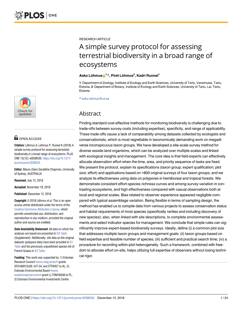 A Simple Survey Protocol for Assessing Terrestrial Biodiversity in a Broad Range of Ecosystems