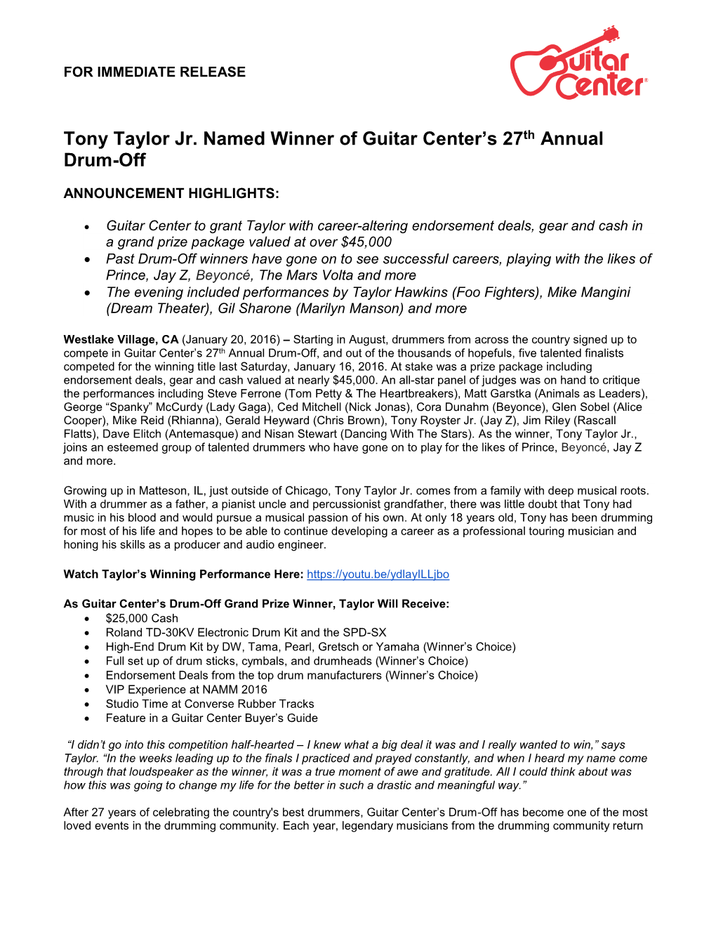 Tony Taylor Jr. Named Winner of Guitar Center's 27Th Annual Drum-Off
