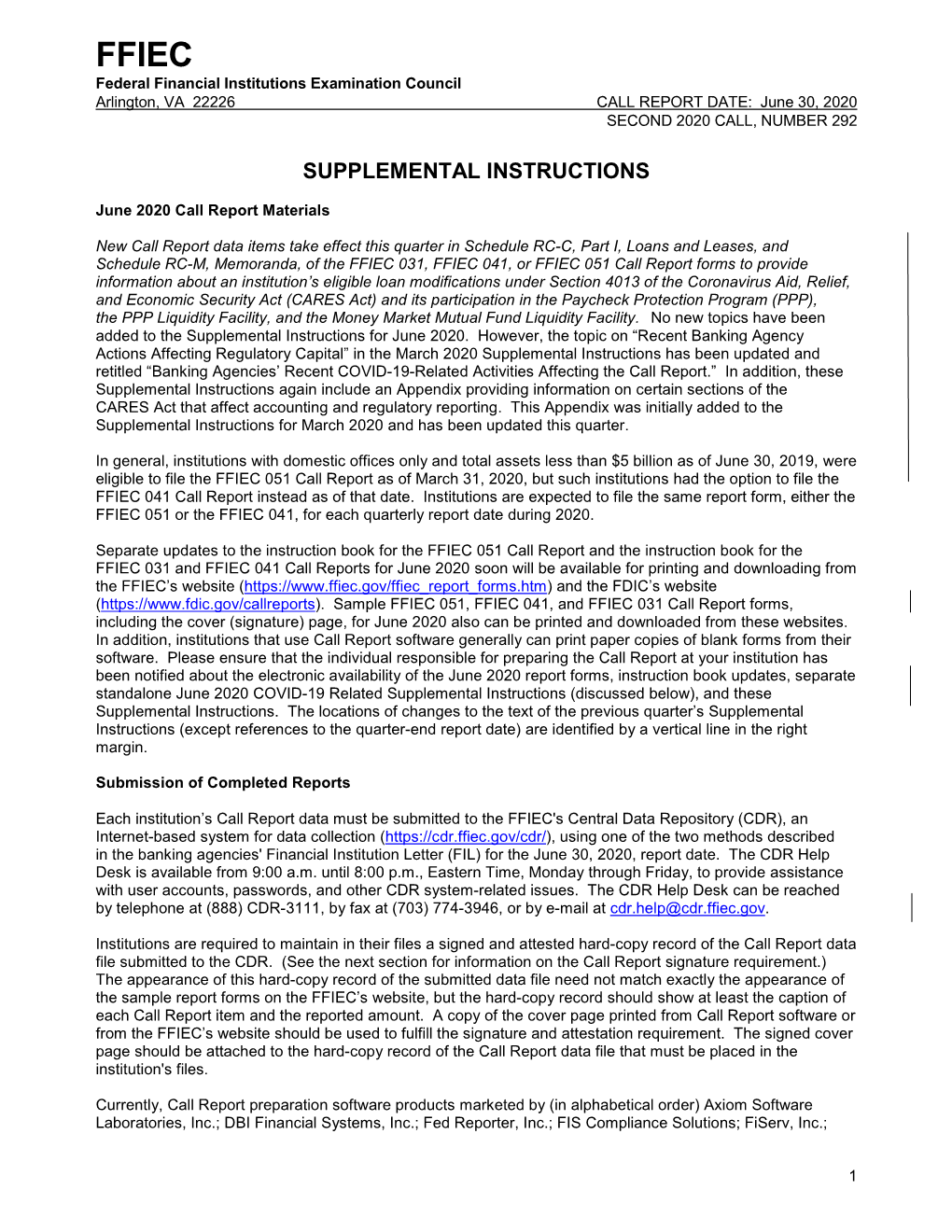 FFIEC June 2020 Call Report Supplemental Instructions