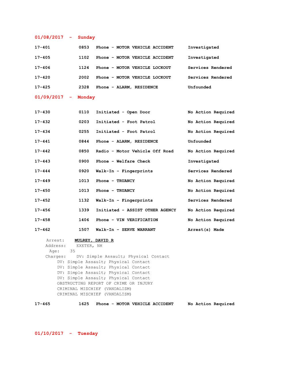 17-401 0853Phone - MOTOR VEHICLE Accidentinvestigated