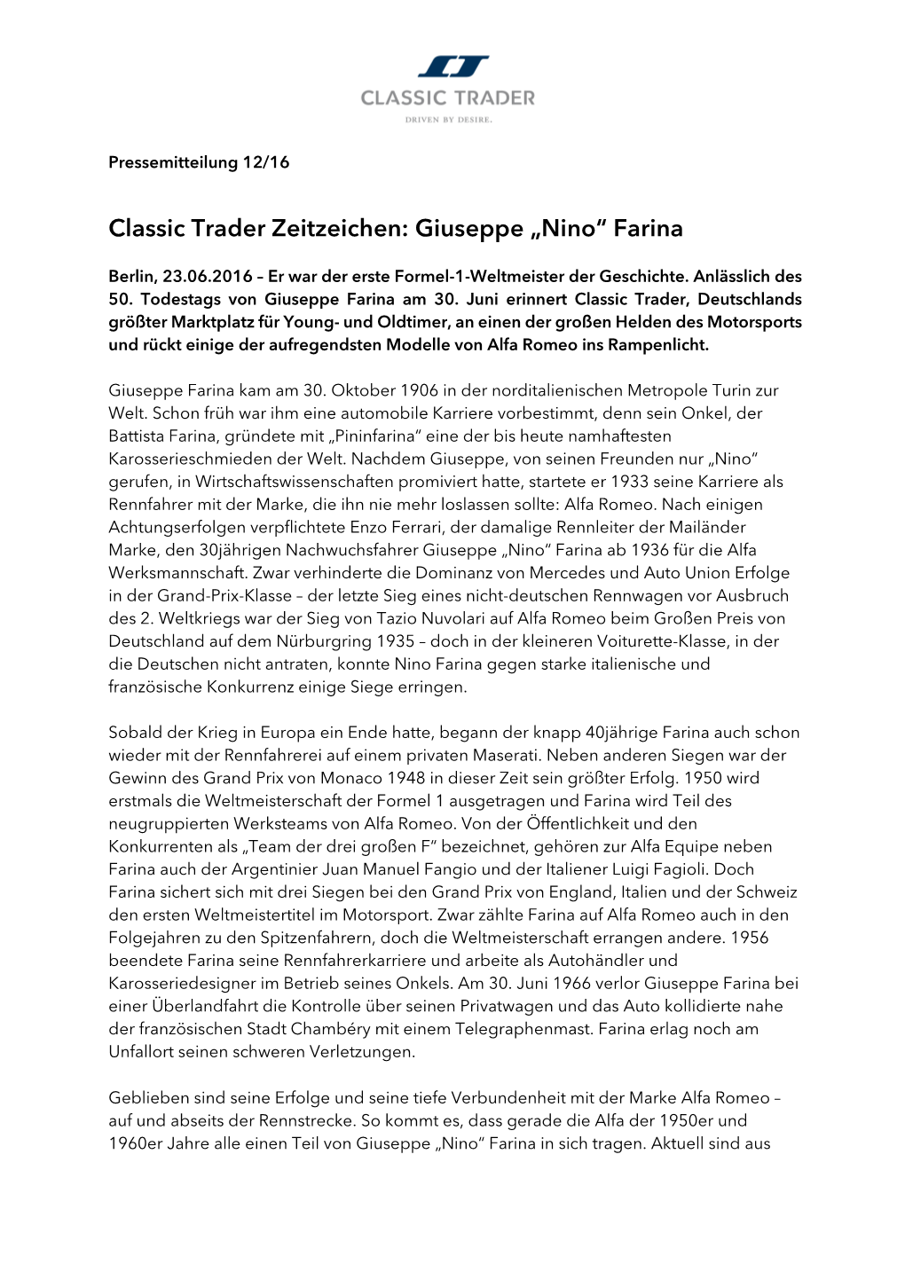 Classic Trader Zeitzeichen: Giuseppe „Nino“ Farina