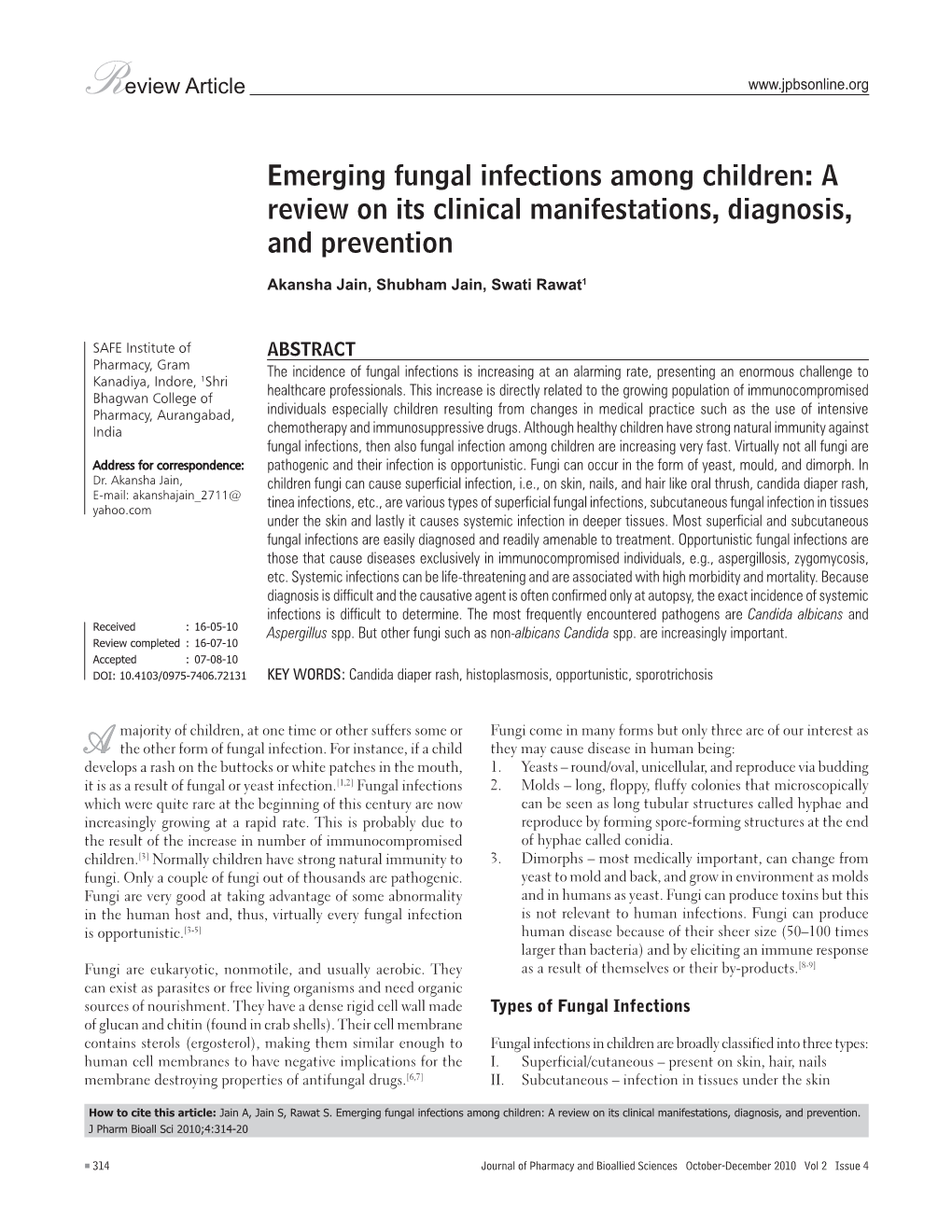 Emerging Fungal Infections Among Children: a Review on Its Clinical Manifestations, Diagnosis, and Prevention