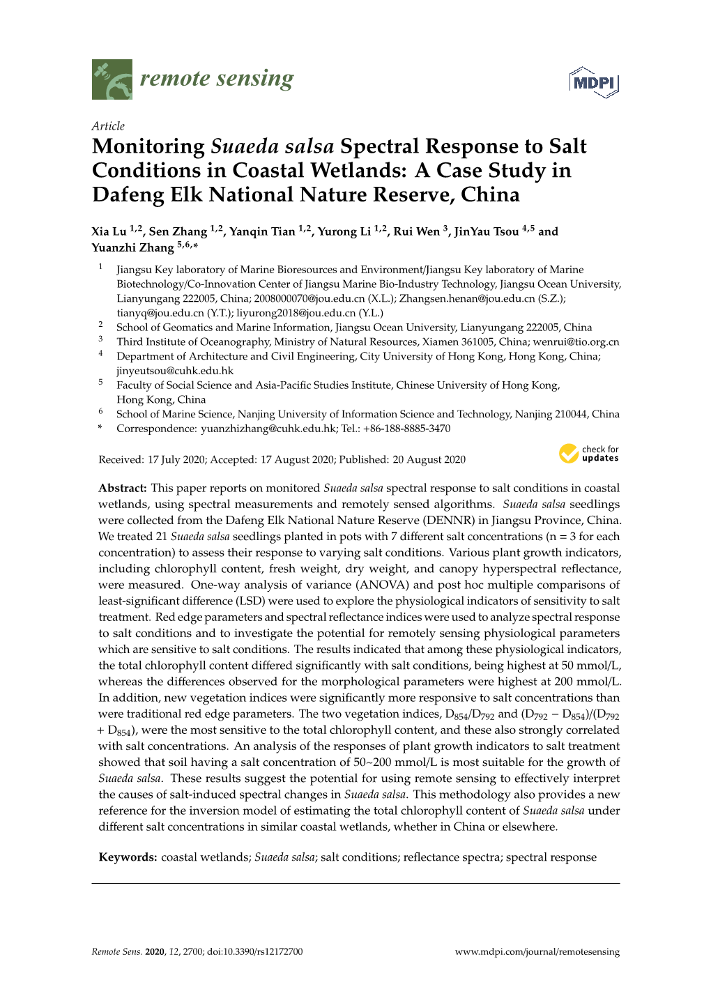 Monitoring Suaeda Salsa Spectral Response to Salt Conditions in Coastal Wetlands: a Case Study in Dafeng Elk National Nature Reserve, China