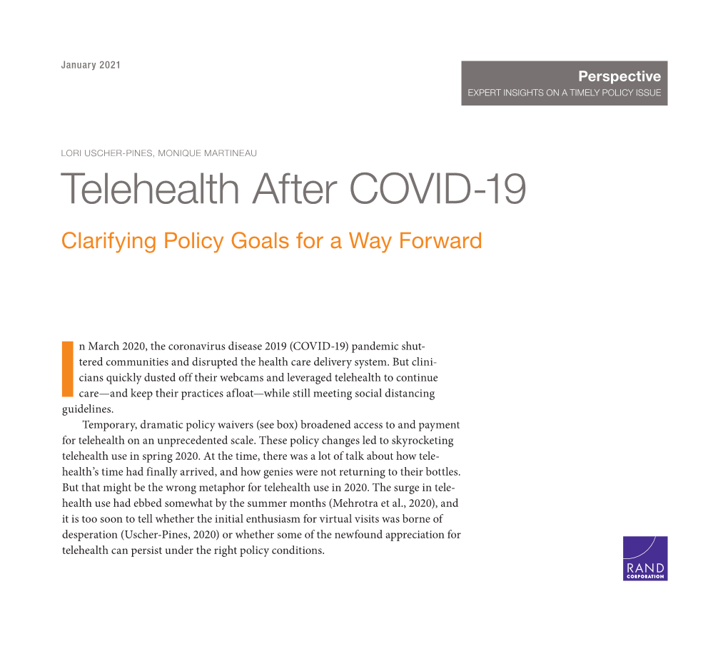 Telehealth After COVID-19: Clarifying Policy Goals for a Way Forward