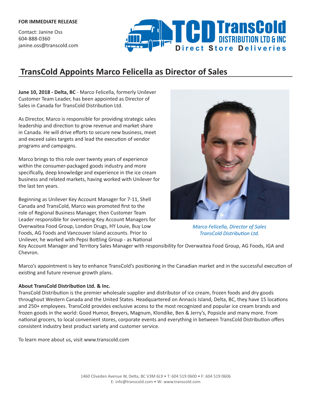 Transcold Appoints Marco Felicella As Director of Sales