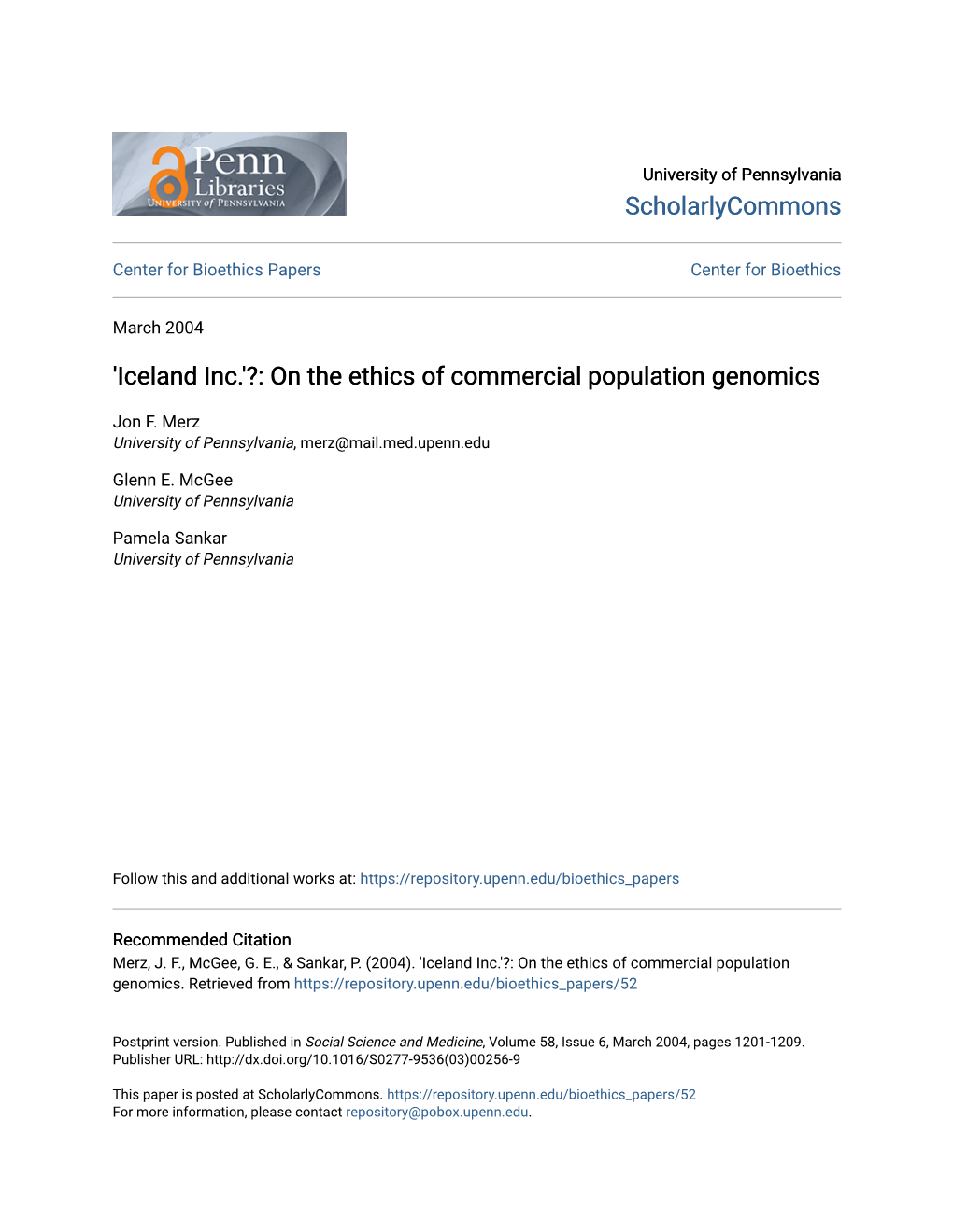 'Iceland Inc.'?: on the Ethics of Commercial Population Genomics