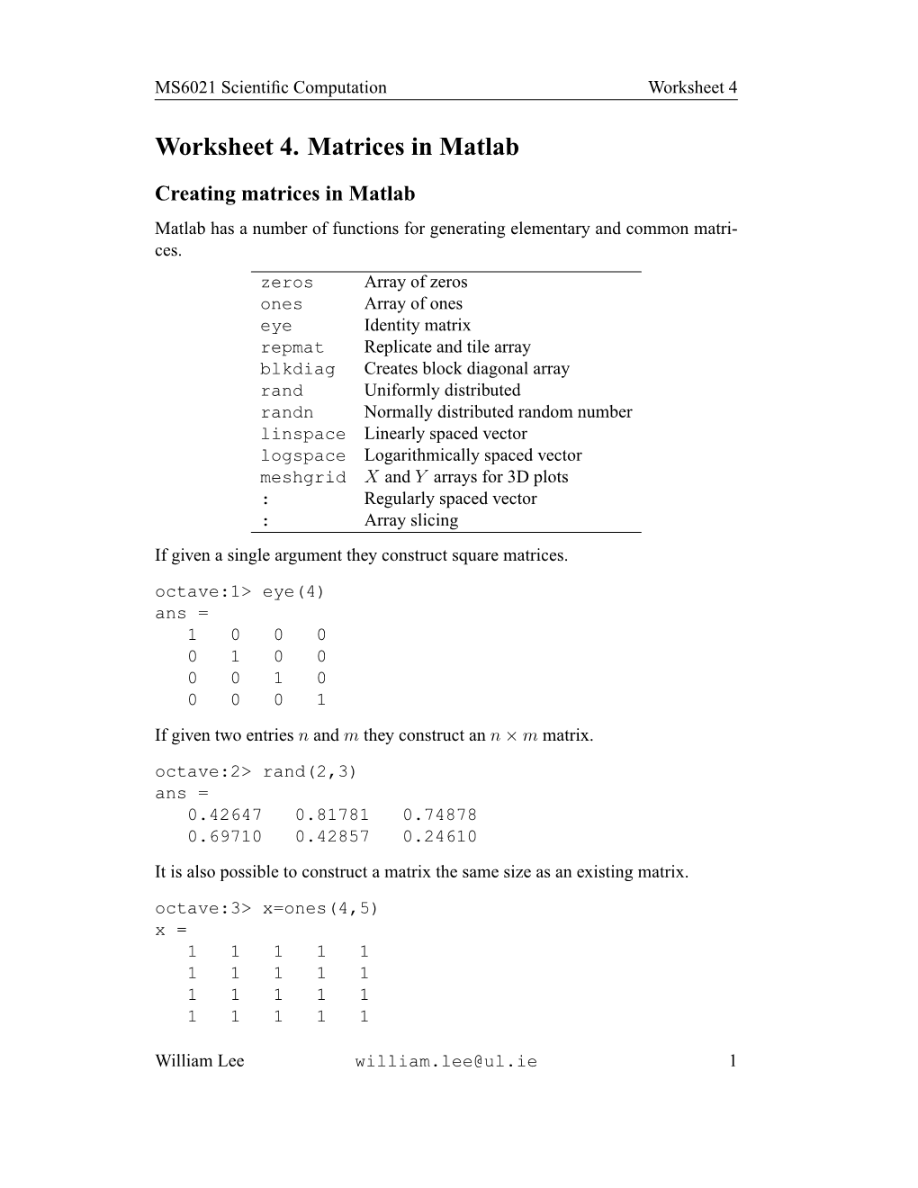 Worksheet 4. Matrices in Matlab