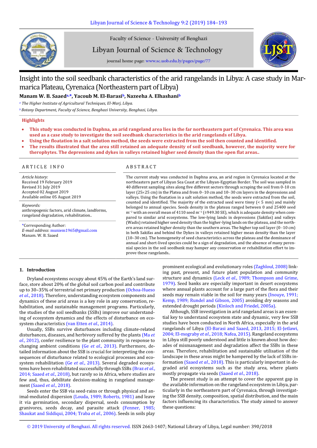 Insight Into the Soil Seedbank Characteristics of the Arid Rangelands in Libya: a Case Study in Mar- Marica Plateau, Cyrenaica (Northeastern Part of Libya)1 Manam W