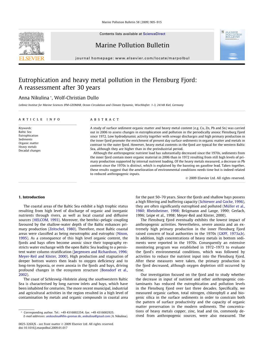 Eutrophication and Heavy Metal Pollution in the Flensburg Fjord: a Reassessment After 30 Years