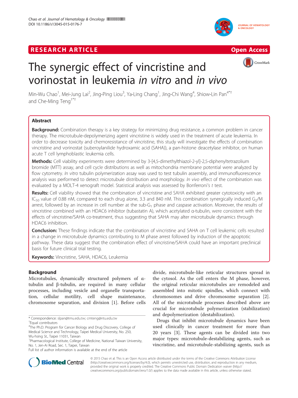 The Synergic Effect of Vincristine and Vorinostat in Leukemia in Vitro and In