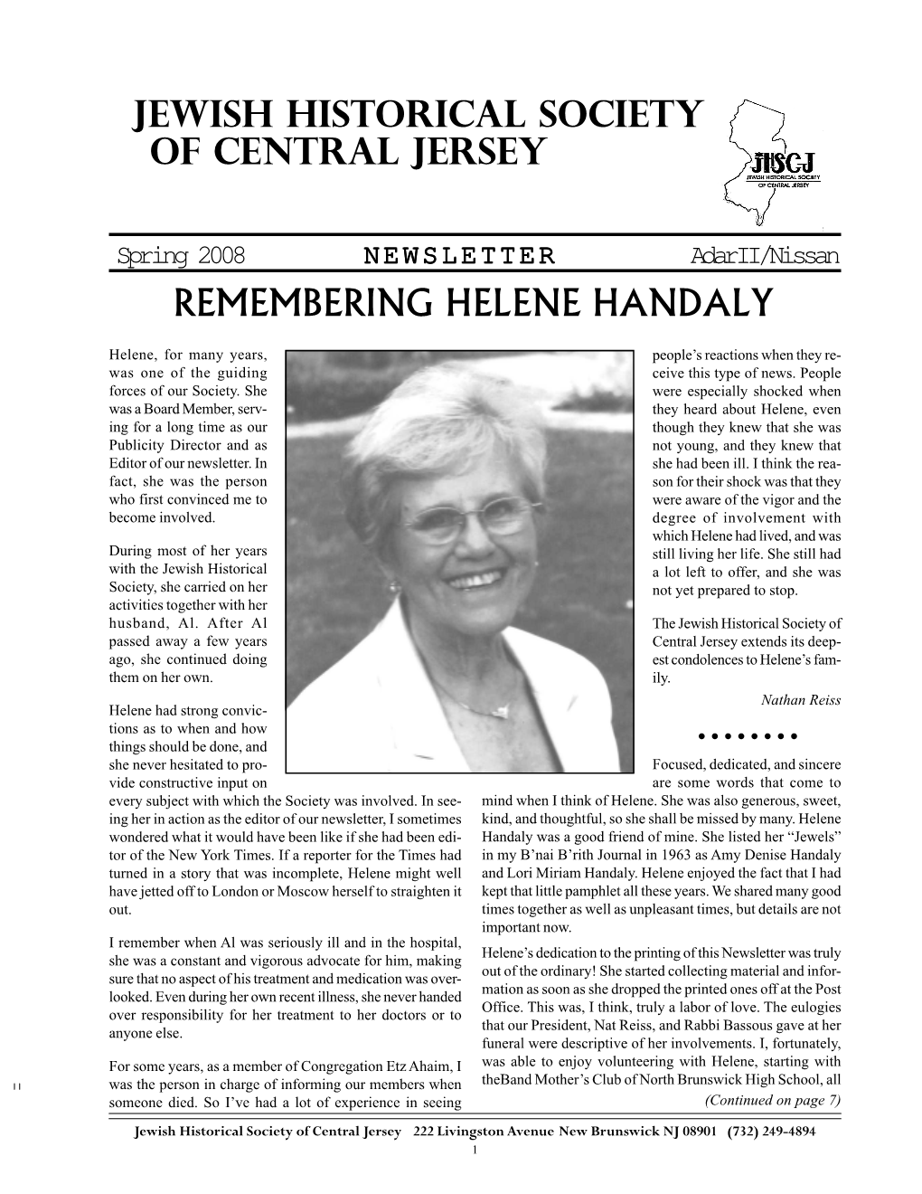 Spring 2008 NEWSLETTER Adarii/Nissan REMEMBERING HELENE HANDALY